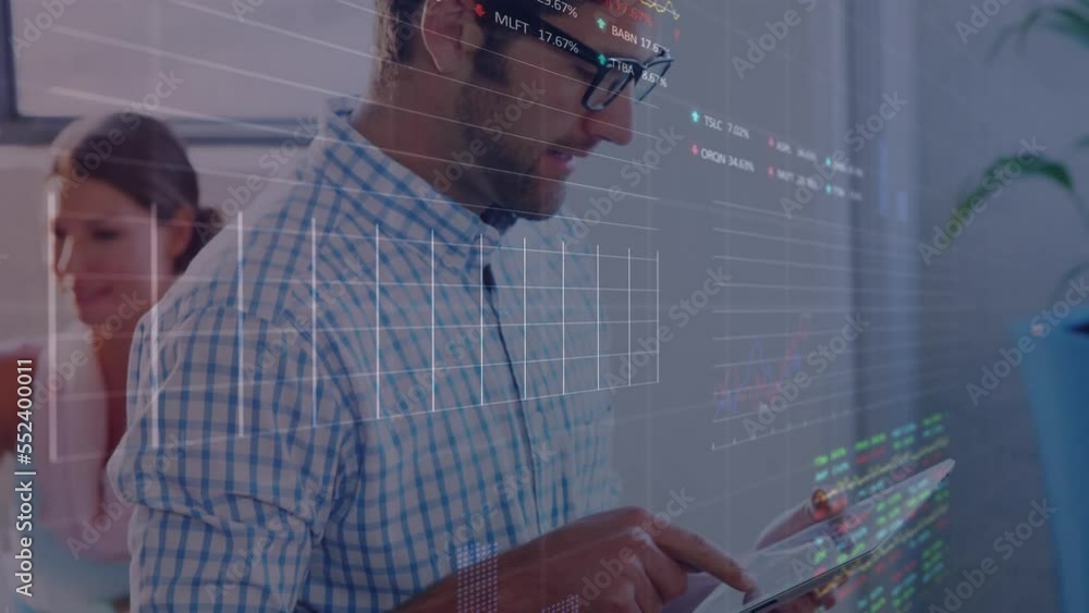 Poster animation of financial graphs and data over caucasian man working on tablet in office