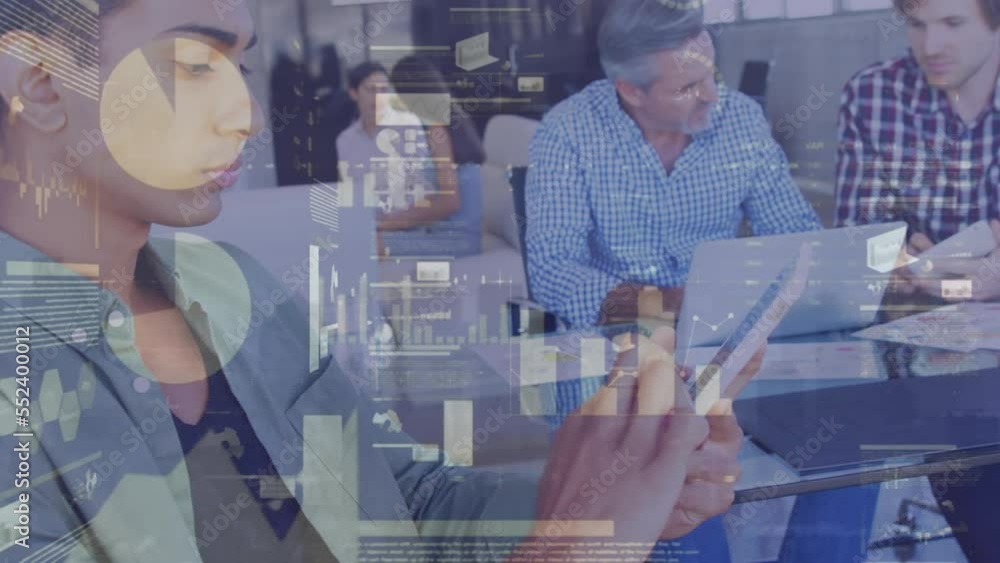 Poster animation of financial graphs and data over caucasian man working on tablet in office