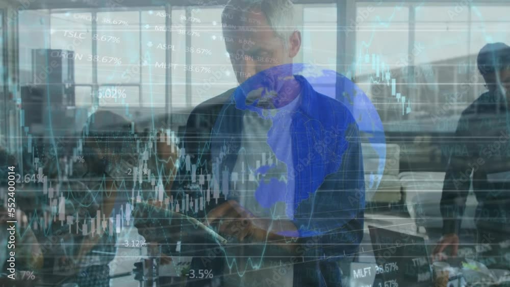 Poster animation of financial graphs and data over caucasian man working on tablet in office