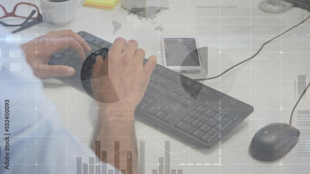 Poster animation of statistical data processing over mid section of businessman typing on keyboard