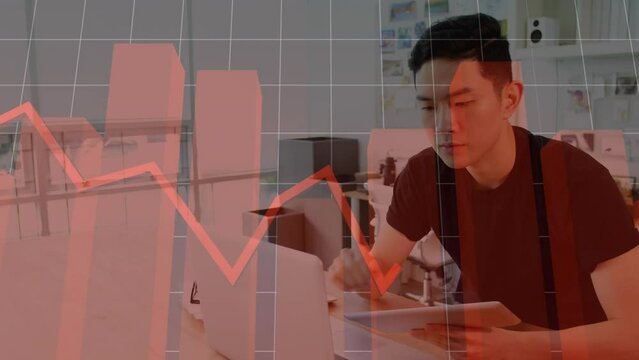 This graphic shows a business executive using a laptop and digital tablet in an office