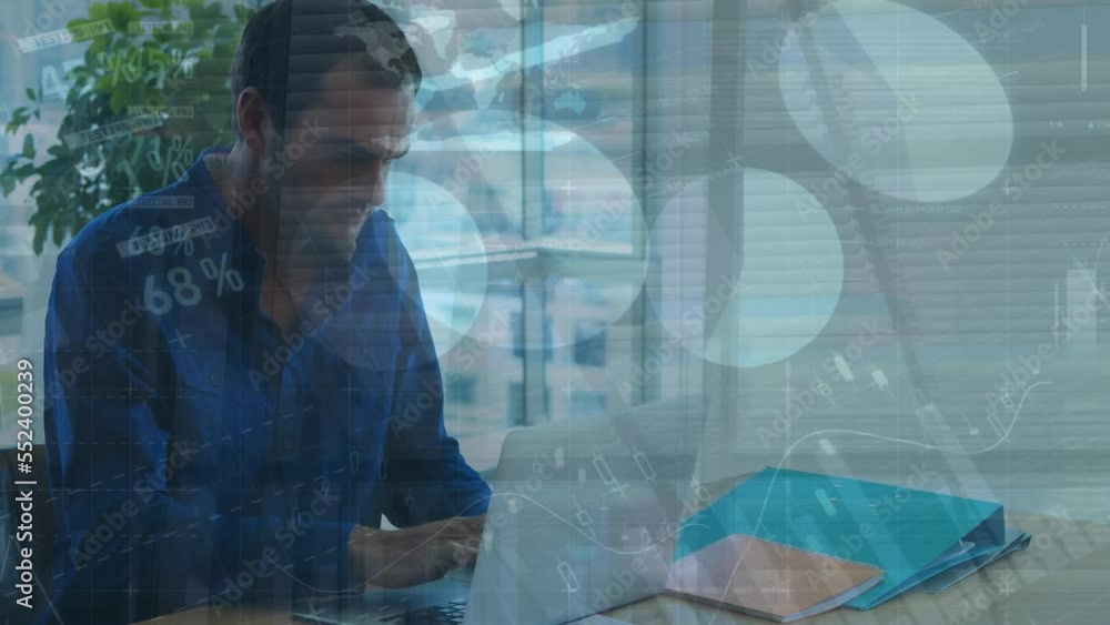 Poster animation of financial data and graphs over caucasian man working on laptop in office