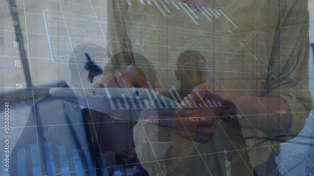 Poster animation of financial data and graphs over biracial man working on tablet in office