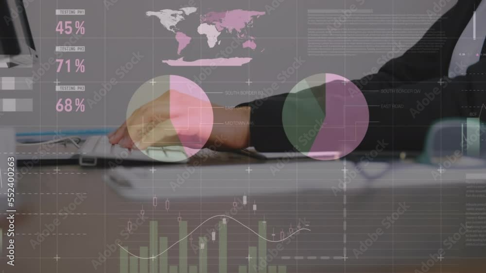 Poster animation of financial data and graphs over caucasian man working on computer