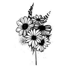 linoprint beautiful bouquets with garden and wild flowers vector flat illustration. blooming plants with stems and leaves isolated on white. Floral decoration or gift