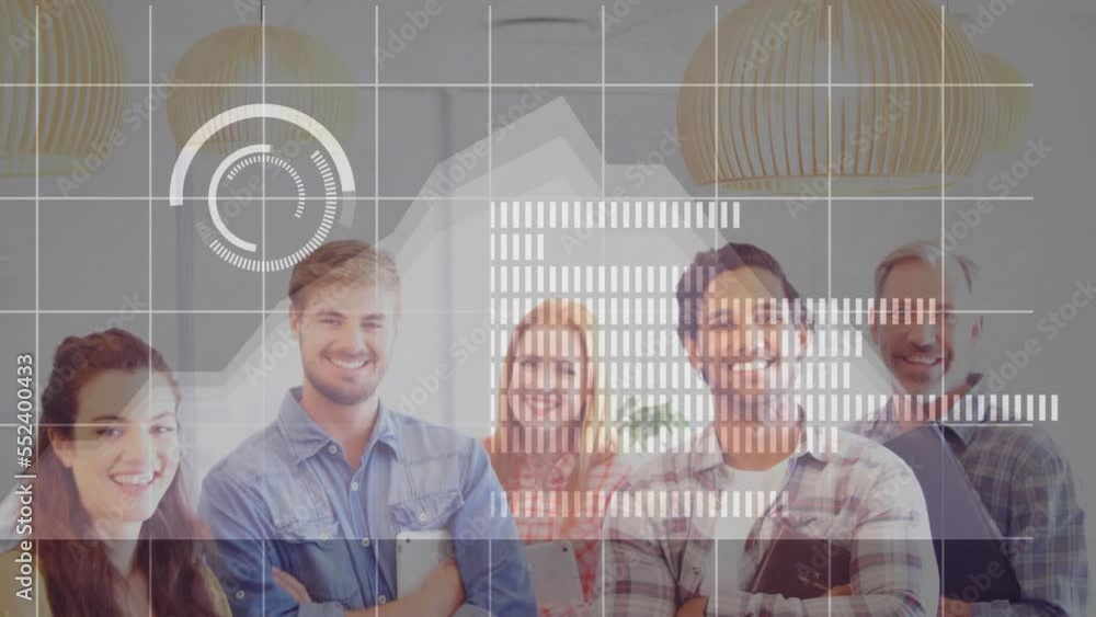Aufkleber animation of data processing over portrait of diverse group of colleagues smiling together at office