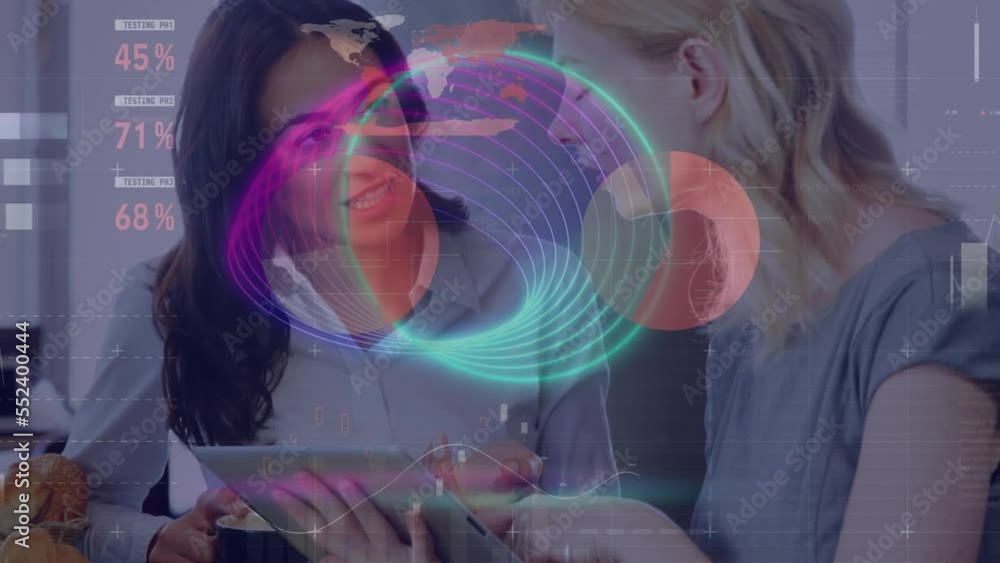 Aufkleber animation of statistical data processing over two diverse female colleagues discussing at office