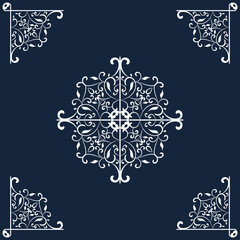 Vector unique floral mandala background in white and dark blue color.