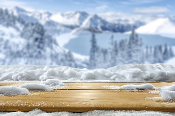 Desk of free space and winter landscape of mountains.  - 552400486