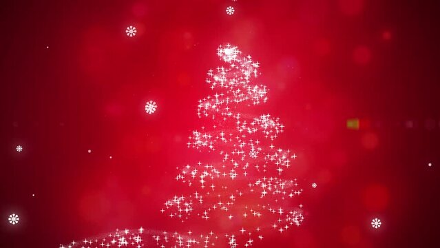 Animation of snowflakes over shooting star and christmas tree over red background
