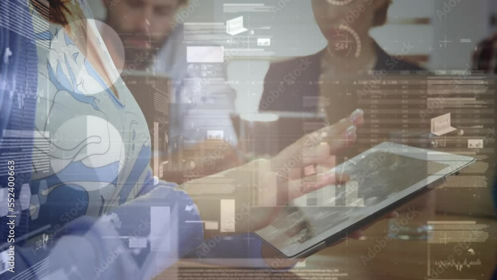Poster animation of statistical data processing over mid section of businesswoman using digital tablet