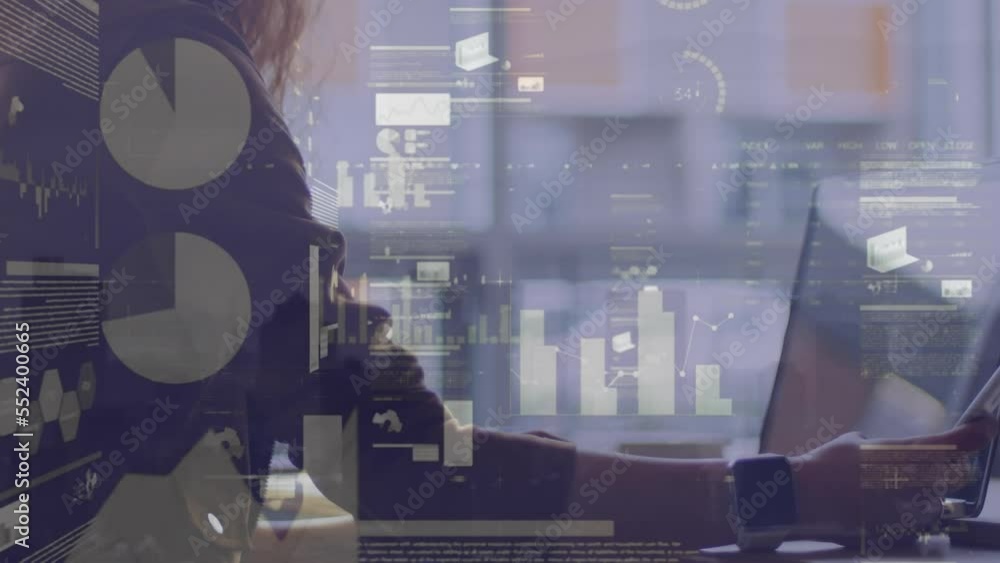 Aufkleber animation of statistical data processing over mid section of woman using laptop and smartphone