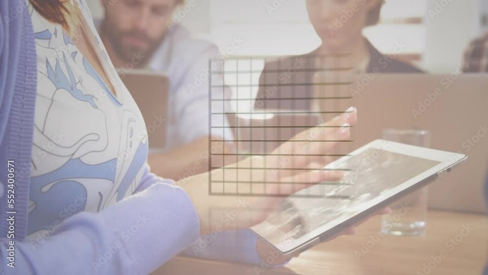 Poster animation of statistical data processing over mid section of businesswoman using digital tablet