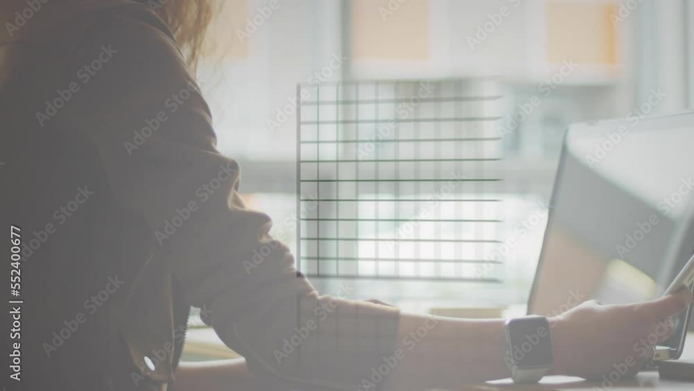 Aufkleber animation of statistical data processing over mid section of woman using laptop and smartphone