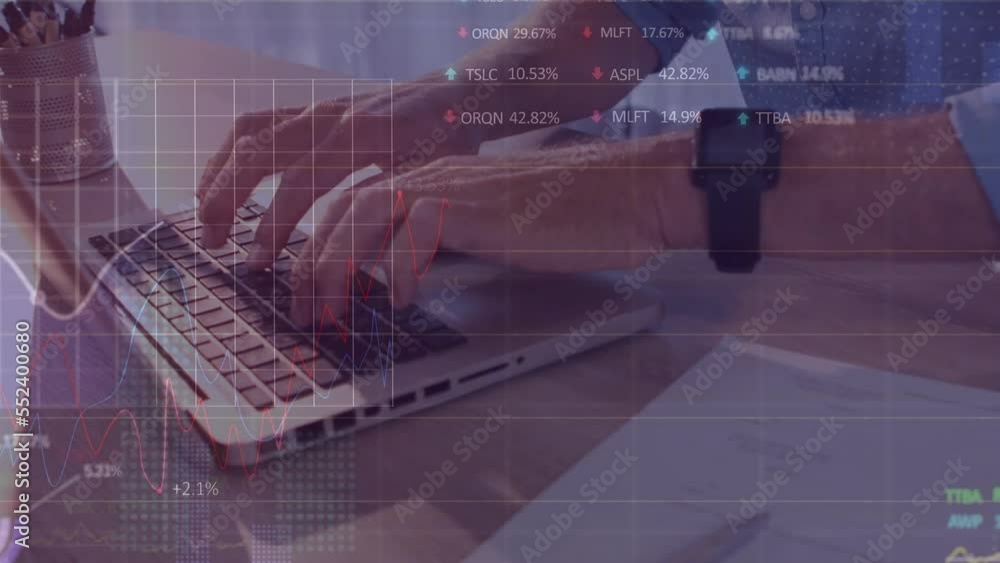 Poster animation of stock market data processing over mid section of man using laptop at office