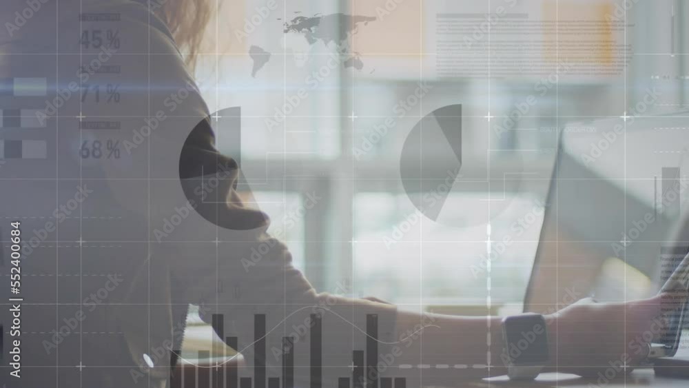 Poster animation of statistical data processing over mid section of woman using laptop and smartphone