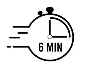 6 minutes clock alarm. Clock with pointer marking remaining time. Clock with speed of time in black and white vector