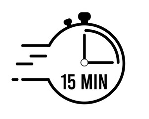 15 minutes clock alarm. Clock with pointer marking remaining time. Clock with speed of time in black and white vector