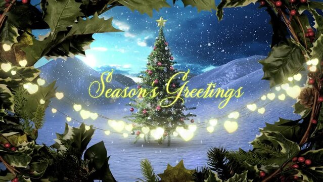 Animation of wreath over seasons greetings text banner over fairy lights and christmas tree