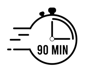 90 minutes clock alarm. Clock with pointer marking remaining time. Clock with speed of time in black and white vector