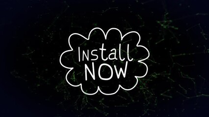 Animation of install now text over network of connections on black background - Powered by Adobe
