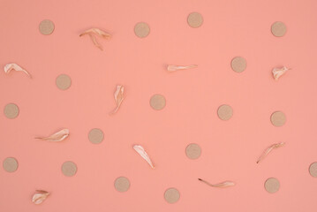 Patterned cardboard circles and dried flower petals, monochrome simple eco friendly background for your design