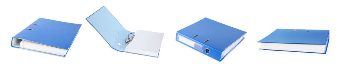 Set with blue office folders on white background. Banner design