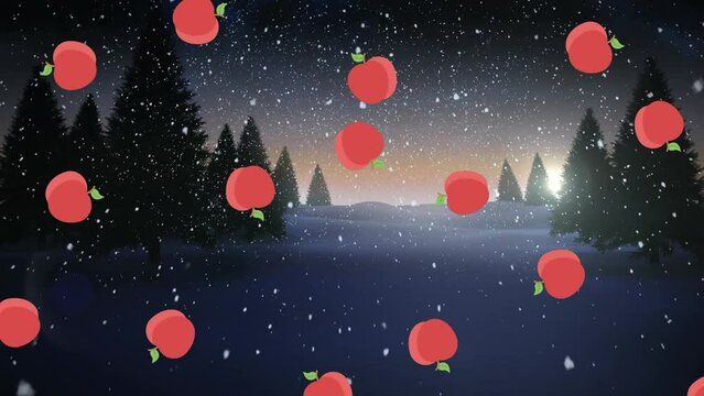 Animation of multiple apple icons and snow falling over trees on winter landscape