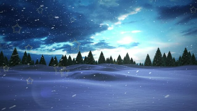Animation of star icons and snow falling over trees on winter landscape