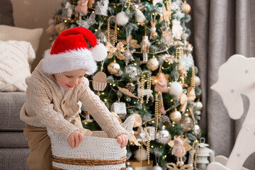 A beautiful little boy in a Santa Claus hat is sitting in a basket and laughing merrily against the background of a Christmas tree. A New Year's gift. The concept of celebrating Christmas.