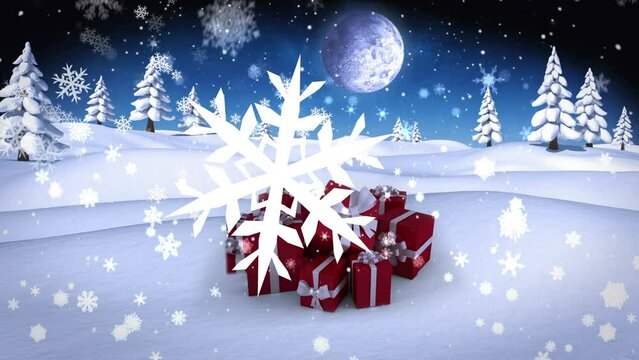 Animation of snow falling over christmas presents in winter scenery