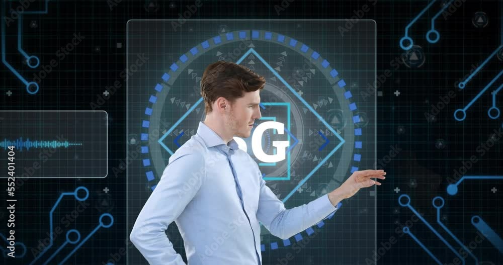 Poster animation of scope scanning and data processing with 6g text over caucasian businessman