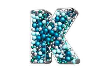 Creative Christmas 3D typography formed by floating baubles in blue, silver and teal colors. Alphabet letter K suitable for beautiful advertising compositions. High quality 3D rendering.