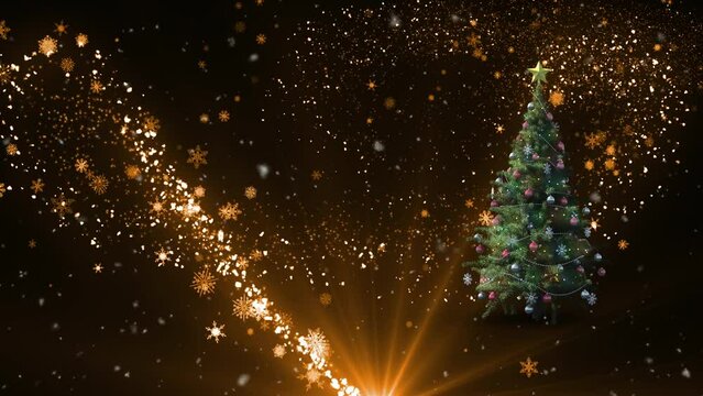 Animation of snow falling and light spots over christmas tree on black backrgound