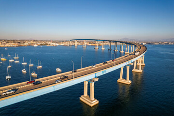 Fototapeta na wymiar Aerial view of Coronado Bridge in San Diego bay in southern California