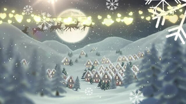 Animation of snow falling and santa in sleigh over winter scenery