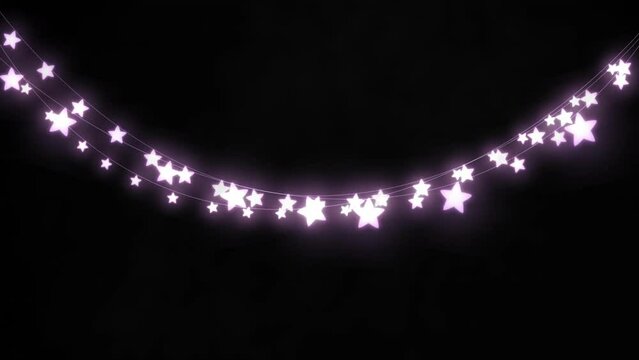 Animation of purple star shaped glowing fairy lights hanging against copy space on black background