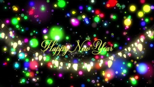 Animation of lights falling over happy new year text