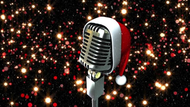 Animation of santa hat over a microphone against red light sparks floating against black background