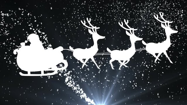 Animation of shooting star and snow falling over santa claus in sleigh being pulled by reindeers