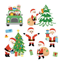 Set of Santa Claus. Cheerful Santa. Christmas tree. Sack. Pickup. Gifts, presents, Santa Claus