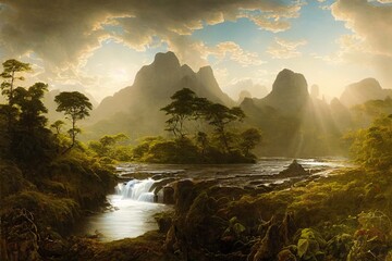 amazonas rainforest, tropical river landscape, fictional landscape created with generative ai - obrazy, fototapety, plakaty