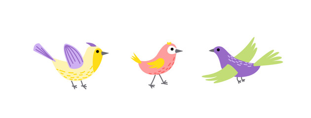 Bird colorful set. Flying bird. Little bird, nestling, chick. Spring, easter. Flat, cartoon, isolated 