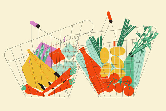 Two supermarket shopping carts full of healthy and fresh vegetables or food. Healthy lifestyle and nutrition concept.