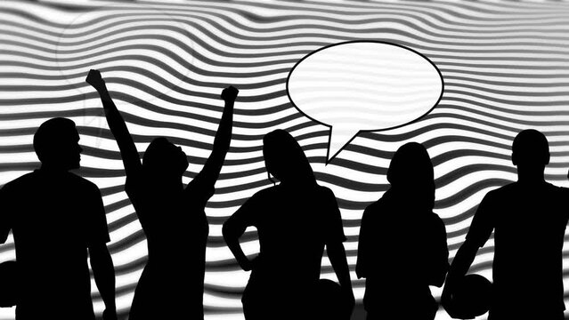 Animation of people silhouettes with speech bubbles and lines over white background