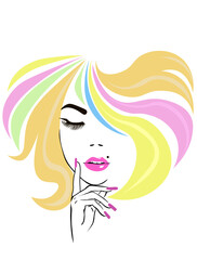 beautiful blonde woman with wavy medium-long hair, healthy skin looks at the camera and natural makeup of a young beautiful model on a studio background with copy space. cosmetic