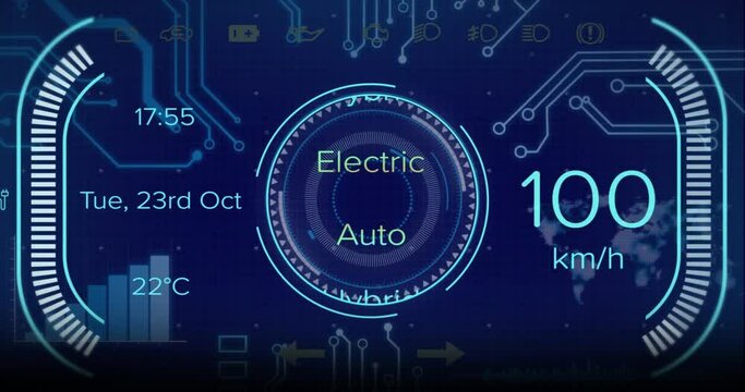 Animation of scope scanning and electric car data processing over computer circuit board
