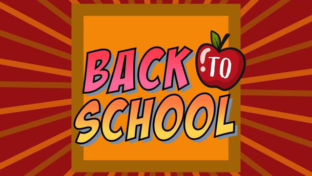Animation of back to school text with apple over orange and red background