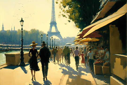 People Strolling Along The Seine River In Paris, On Summer Day, Admiring The Eiffel Tower; A Unique Parisian Atmosphere A Mix Of Characters In A Nostalgic French Digital Art .generative Ai