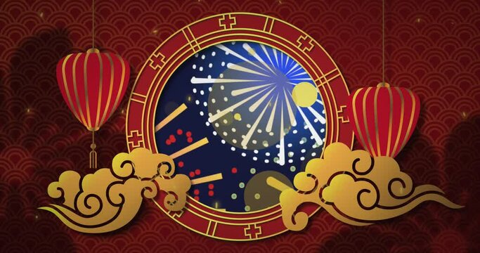 Animation of chinese decorations and fireworks on red background